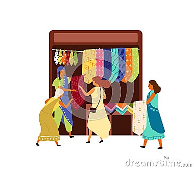 Arabic, Turkish, Oriental, Eastern fabric street market, souk, bazaar. Women tourists, people in marketplace buying Vector Illustration