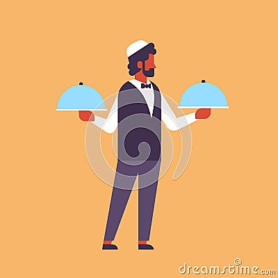 Arabic waiter hold covered plate tray lid service concept arab man prepare serve male cartoon character flat full length Vector Illustration