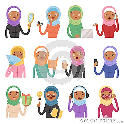 Arabic woman adult character different role Arabian Asia nationality islamic girl face in hijab vector illustration Vector Illustration