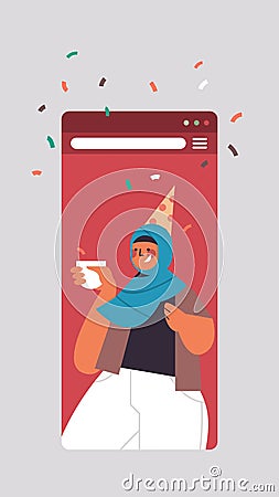 Arabic woman in festive hat celebrating online birthday party celebration self isolation quarantine Vector Illustration