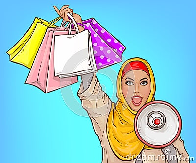 Arabic woman with loud speaker and shopping bags Vector Illustration