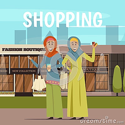 Arabic Woman And Shopping Background Vector Illustration