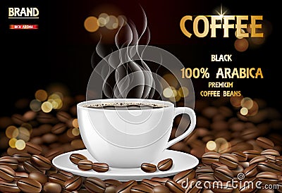 Arabica coffee cup with smoke and beans ads. 3d illustration of hot arabica coffee mug. Product package design Vector Illustration