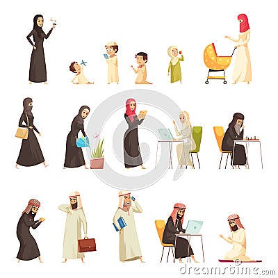 Arabs Family Cartoon Icons Set Vector Illustration