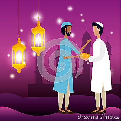arabs men with lamps hanging and lights Cartoon Illustration