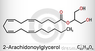 2-Arachidonoylglycerol, 2-AG molecule. It is an endocannabinoid, formed from omega-6 arachidonic acid and glycerol. Skeletal Vector Illustration
