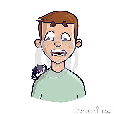 Arachnophobia. The fear of spiders and other arachnids. A frightened man and the spider on his shoulder. Vector Vector Illustration