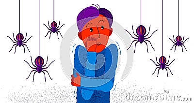 Arachnophobia fear of spiders vector illustration, boy surrounded by spiders scared in panic attack, psychology mental health Vector Illustration