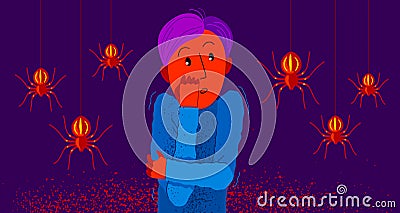 Arachnophobia fear of spiders vector illustration, boy surrounded by spiders scared in panic attack, psychology mental health Vector Illustration