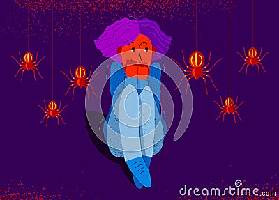 Arachnophobia fear of spiders vector illustration, girl surrounded by spiders scared in panic attack, psychology mental health Vector Illustration