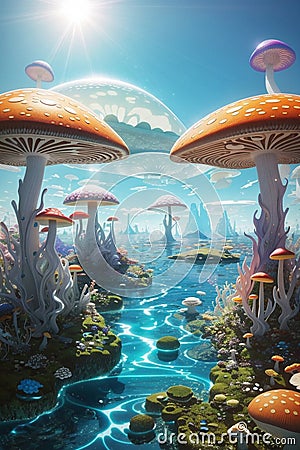 Aract illustration of giant photosynthetic mushrooms. Stock Photo