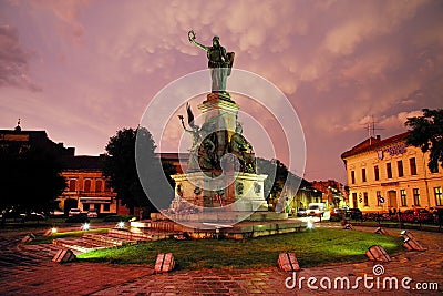 ARAD, ROMANIA, 28 JUNE, 2019: The Statue of Liberty of the Reconciliation Park of Arad under strange stormy clouds. Editorial Stock Photo