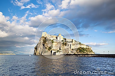 Aragonese castle in sunset light, Ischia island - Italy Stock Photo