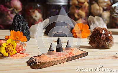 Aragonite Crystal With Incense and Stone Pyramid on Meditation Altar Stock Photo