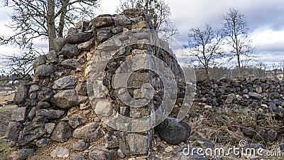 Araisi Stone Walls Medieval Castle Ruins in Latvia, Gauja National Park. Stock Photo