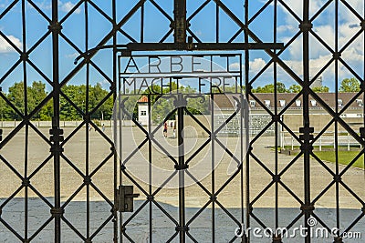 Arbeit Macht Frei, gate of entrance in Concentration Camp Dachau Editorial Stock Photo