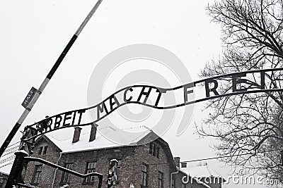 Arbeit macht frei sign (Work liberates), Auschwitz, Poland Editorial Stock Photo