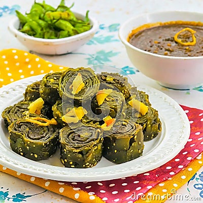 Indian breakfast Arbi bhajiya or patra Stock Photo