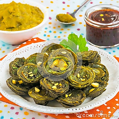 Indian breakfast Arbi bhajiya or patra Stock Photo