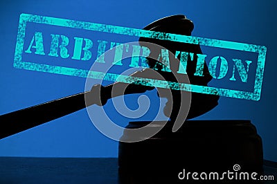 Arbitration stamp and legal gavel Stock Photo