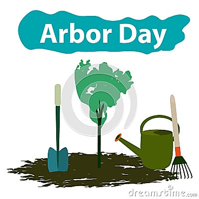 Arbor Day. 29 April. Tree. Garden tools. Shovel, rake, watering can. Vector illustration Vector Illustration