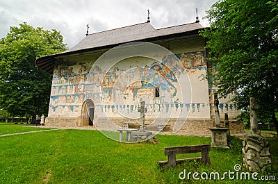 Arbore church in Romania Stock Photo