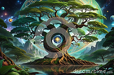 Arboreal Symphony: Majestic Tree of Life, Roots and Branches Intertwining Between Earthly Domain and Celestial Sphere Stock Photo