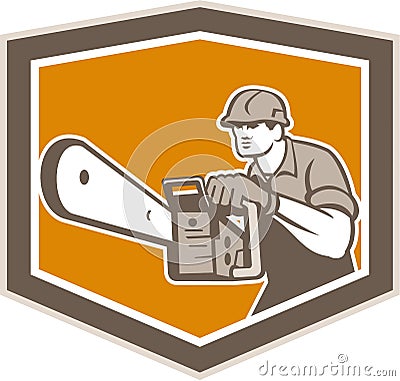 Arborist Lumberjack Operating Chainsaw Shield Vector Illustration