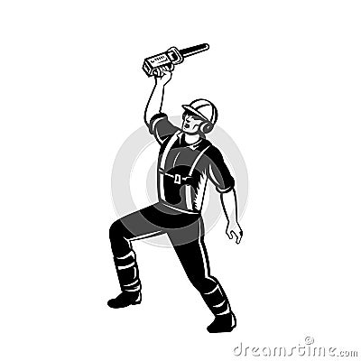 Arborist Raising Up Chainsaw and Shouting Retro Woodcut Black and White Vector Illustration