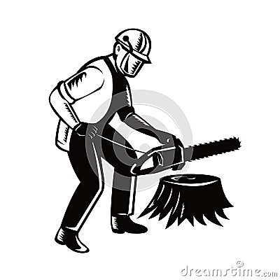 Arborist Tree Surgeon Holding Chainsaw Cutting Tree Stump Black and White Vector Illustration