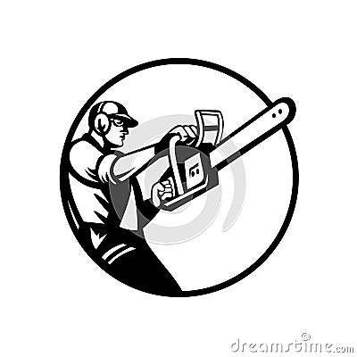 Arborist or Tree Surgeon Holding Chainsaw Side View Circle Retro Black and White Vector Illustration