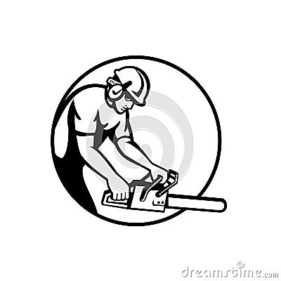 Arborist Tree Surgeon Lumberjack With Chainsaw Circle Retro Black and White Vector Illustration