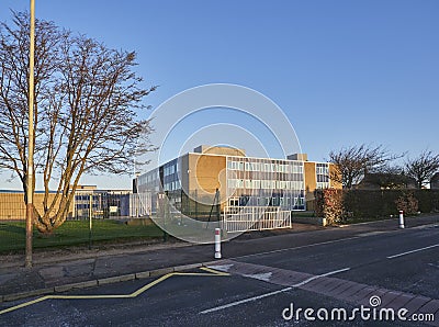 Arbroath, Scotland-31st March 2019: The entrance into the Arbroath Academy School, waiting for its pupils to arrive. Editorial Stock Photo