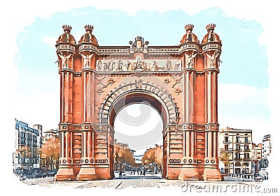 Arc de Triomf, a triumphal arch in the city of Barcelona in Catalonia, Spain, watercolor sketch illustration Cartoon Illustration