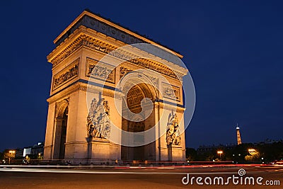 Arc de triomphe at night, Paris Editorial Stock Photo