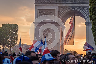 Arc de triomphe sunset and french flag after the 2018 World Cup Editorial Stock Photo