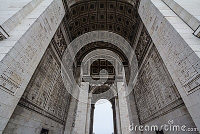 Arc de Triomphe Triumph Arch, or Triumphal Arch on place de l`Etoile in Paris, taken from below. Stock Photo