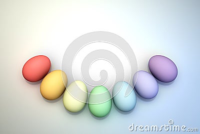 An Arc of Pastel Rainbow Colored 3D Illustrated Easter Eggs over a Bright Background. Stock Photo
