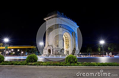 Arc of Triomphe night view in Bucharest Stock Photo