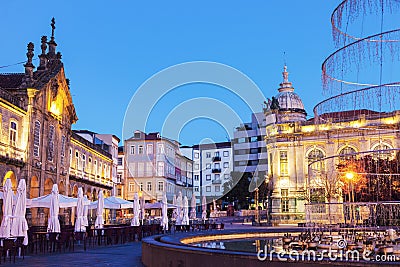 Arcada on Plaza de la Republica in Braga at dawn Stock Photo