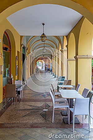 Arcade in the center of Italian town Busseto Stock Photo