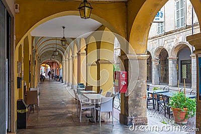 Arcade in the center of Italian town Busseto Editorial Stock Photo
