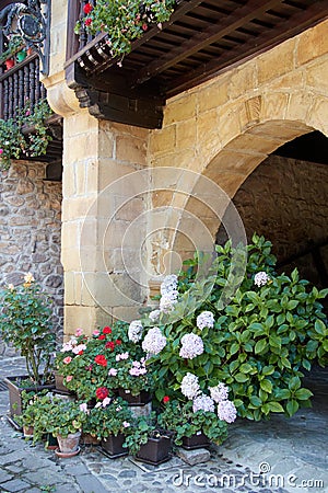 Arcade with colorful flowers: hydrangeas and geraniums Stock Photo