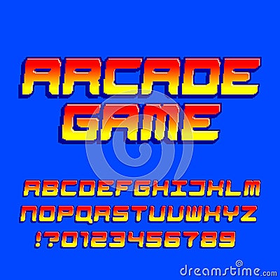 Arcade computer game alphabet font. Pixel gradient oblique letters and numbers. Vector Illustration