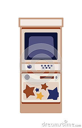 Arcade game cabinet flat vector illustration. Traditional automatic game machine. Vintage entertainment equipment Vector Illustration