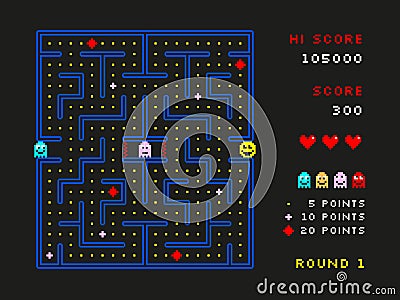 Arcade game location. Retro pixel monsters in maze video games. New level start in vintage play. Labyrinth with steins Vector Illustration