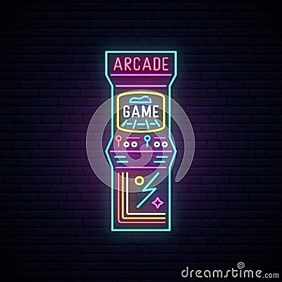 Arcade game machine neon sign. Vector Illustration