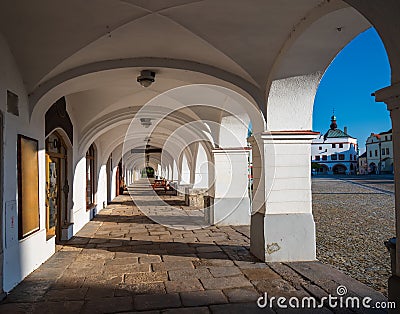 Arcade in renaissance building on Husovo square, Nove Mesto nad Metuji, Czech Republic Stock Photo