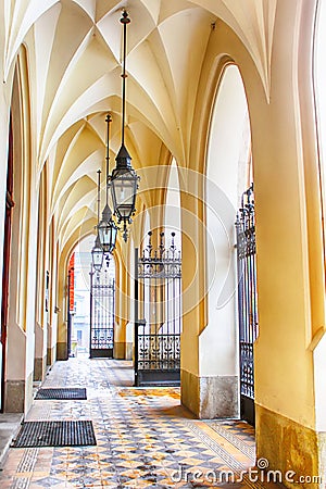 Arcade of the renaissance Cloth Hall Sukiennice on the main square of Krakow, Poland Stock Photo