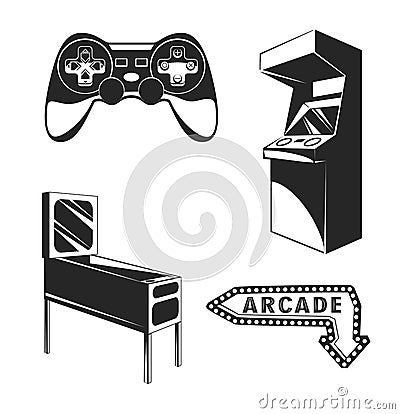 Arcade room. video game set. Gaming machine. Computer Video Game Joystick and videopad. gumball machine. Vector Vector Illustration